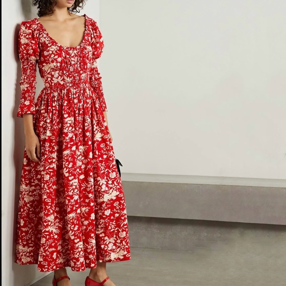 DÔEN Meribel shirred floral-print cotton-poplin midi dress size Small - Picture 10 of 10